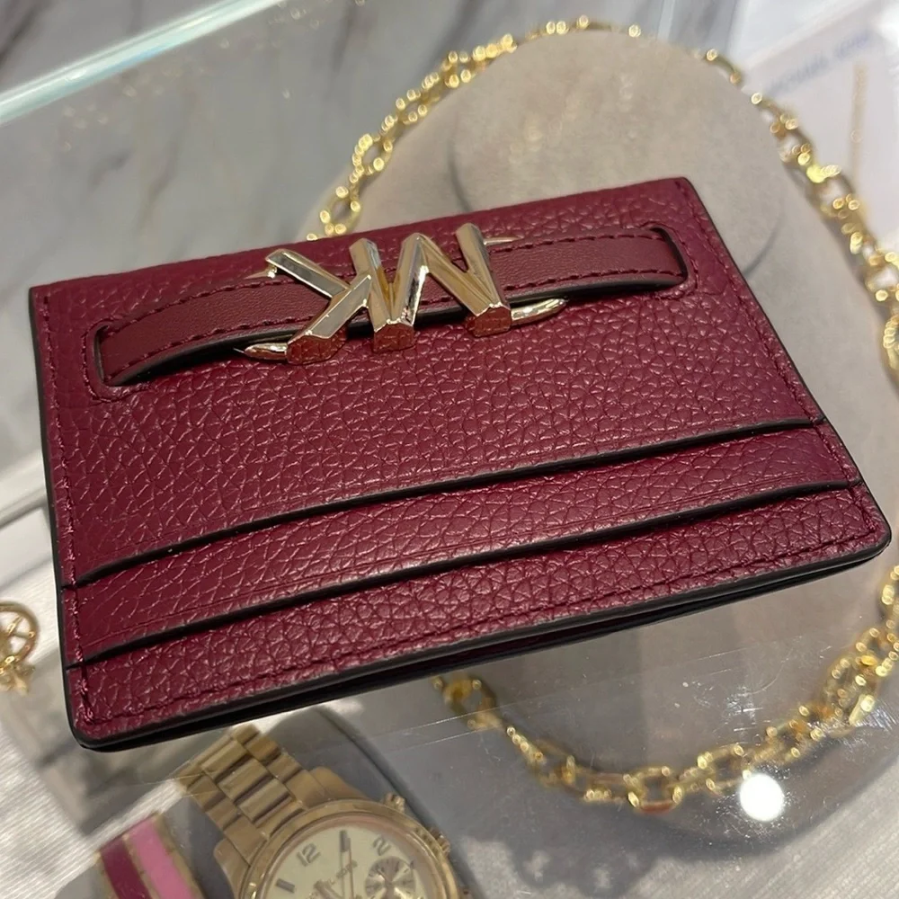 MICHAEL KORS Reed Large Pebbled Leather Card Holder Case Dark Cherry  NWT